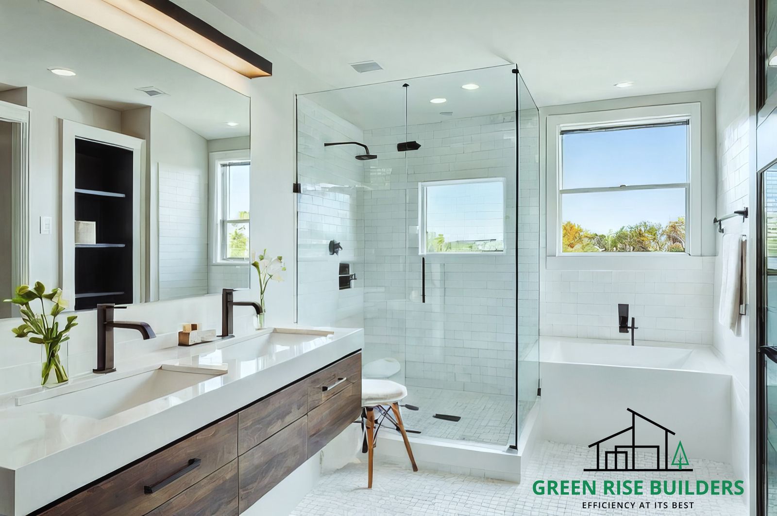 Modern bathroom remodel with walk-in glass shower by Green Rise Builders